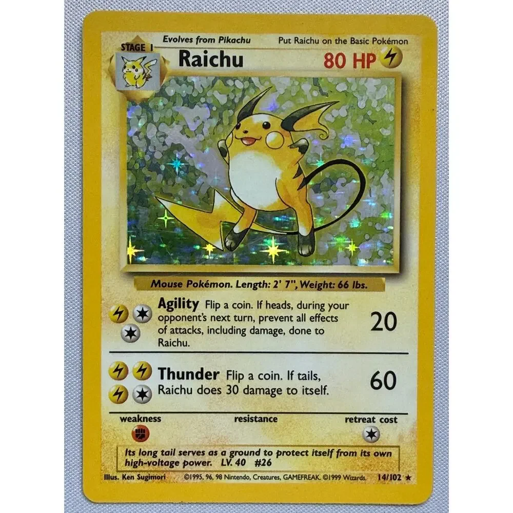 Pokémon TCG Raichu 14/102 Base Set Unlimited 1999 Holo Faoil Rare Card MP-LP